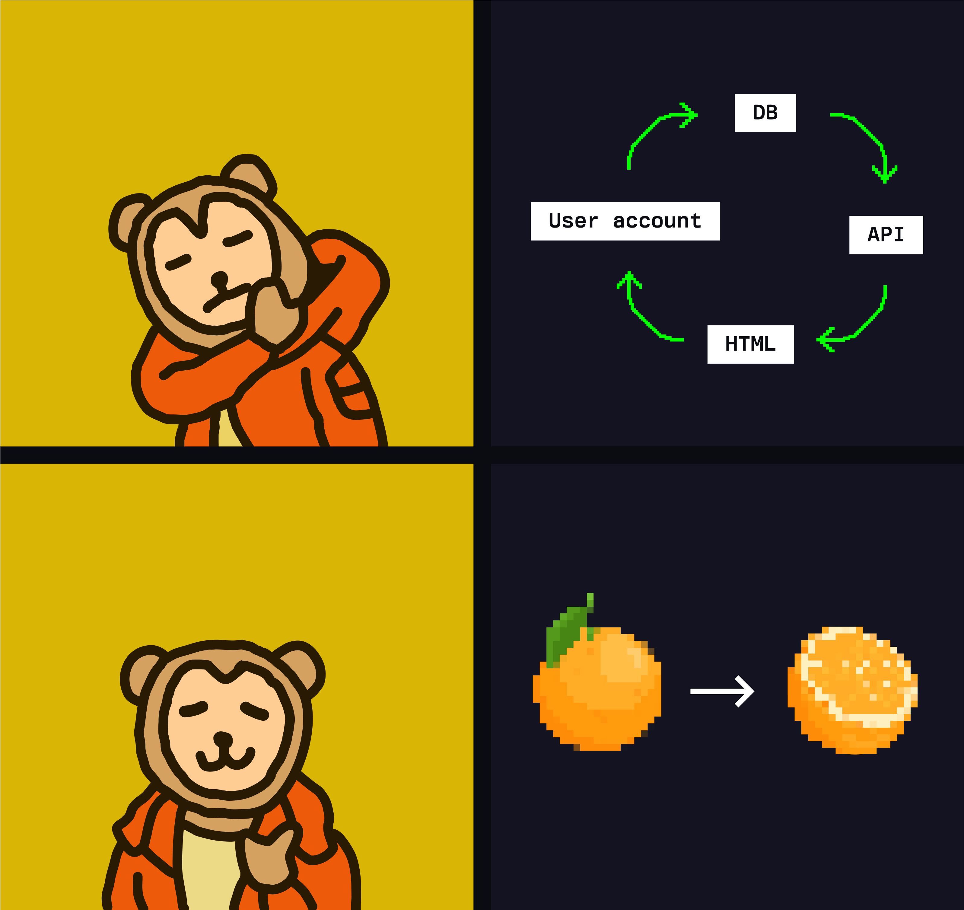 Drake No/Yes meme with the first panel a full web app backend and the second panel a single, shapeable thing